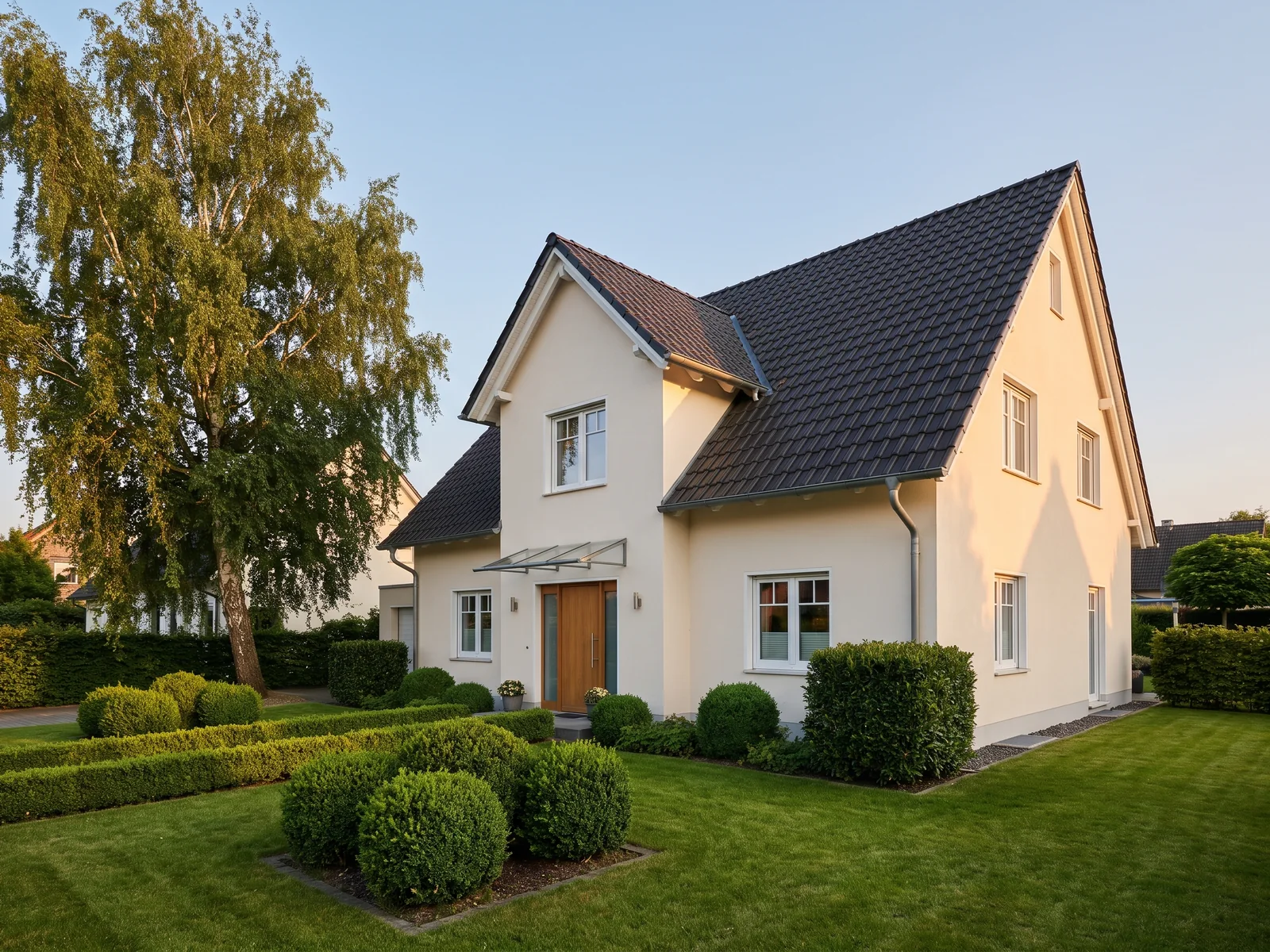 Einfamilienhaus mit Putzfassade und Satteldach im Garten in der Abendsonne, illustratives Motiv